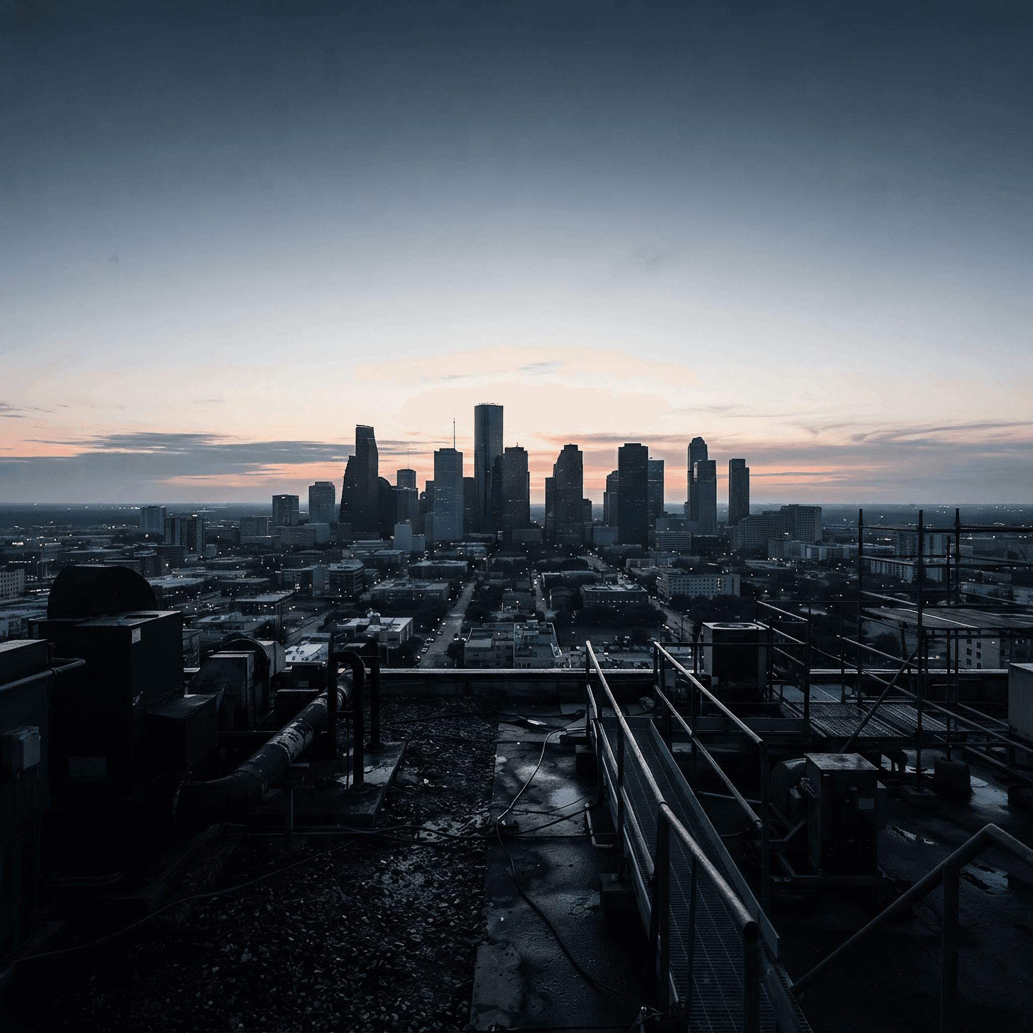 Houston skyline at sunrise seen from an industrial rooftop