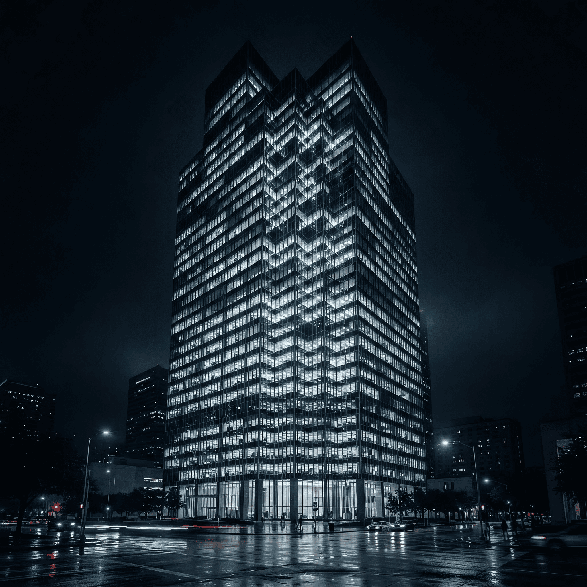 Houston office tower facade at night