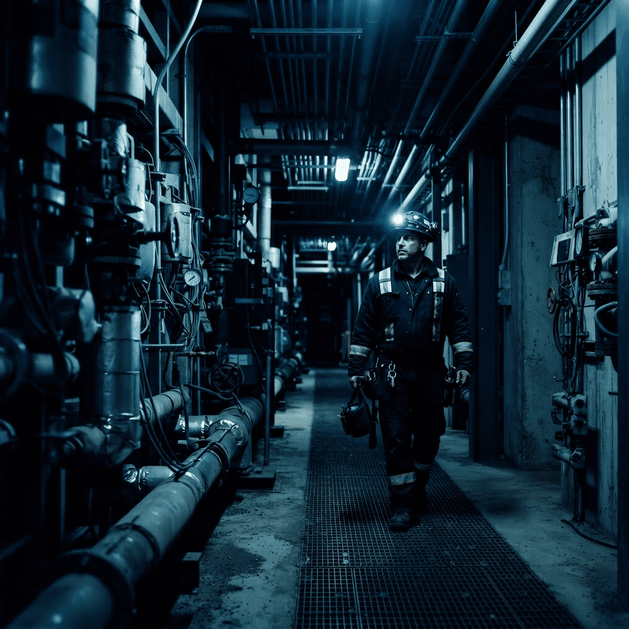 Facilities technician in a mechanical corridor