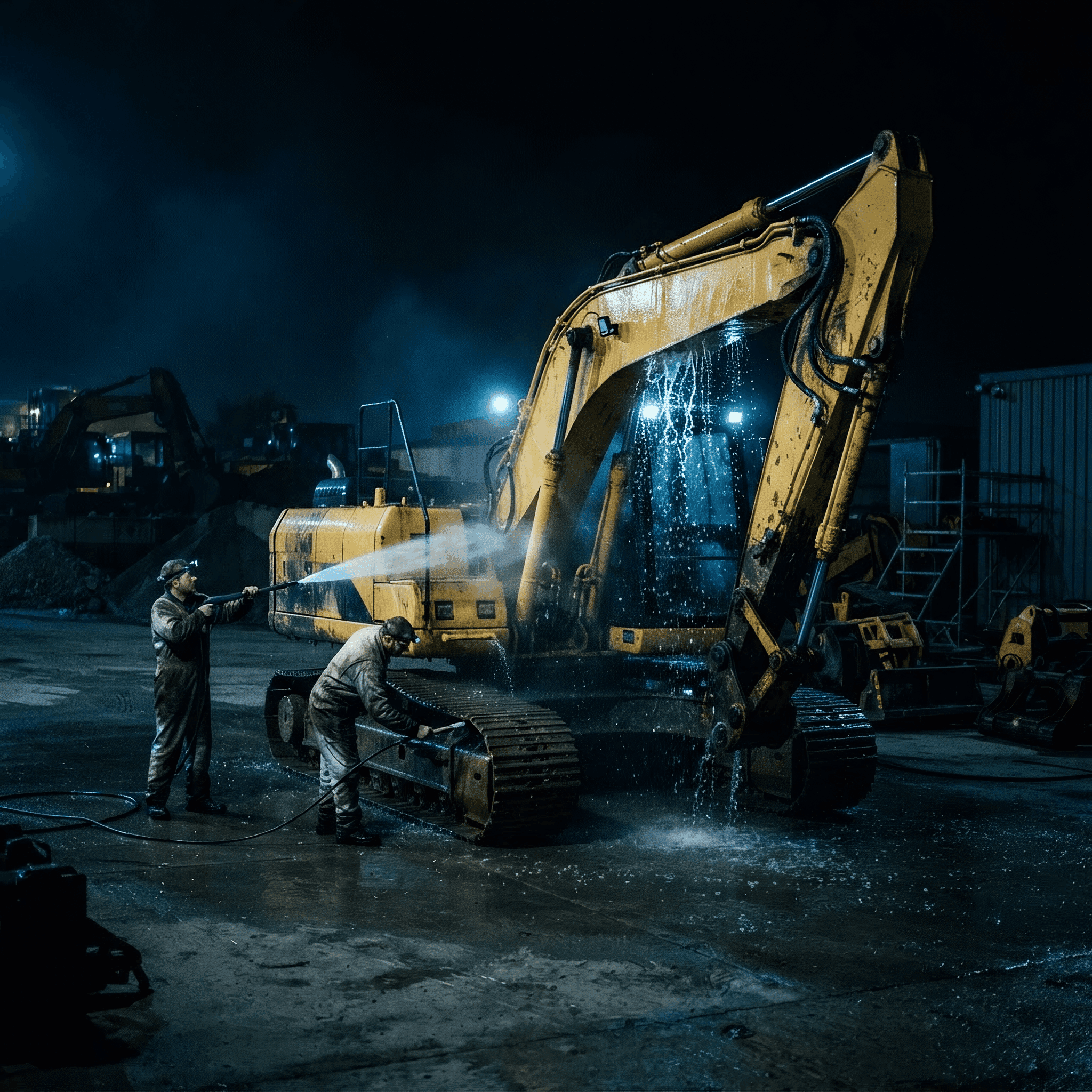 Heavy equipment being washed in an industrial yard