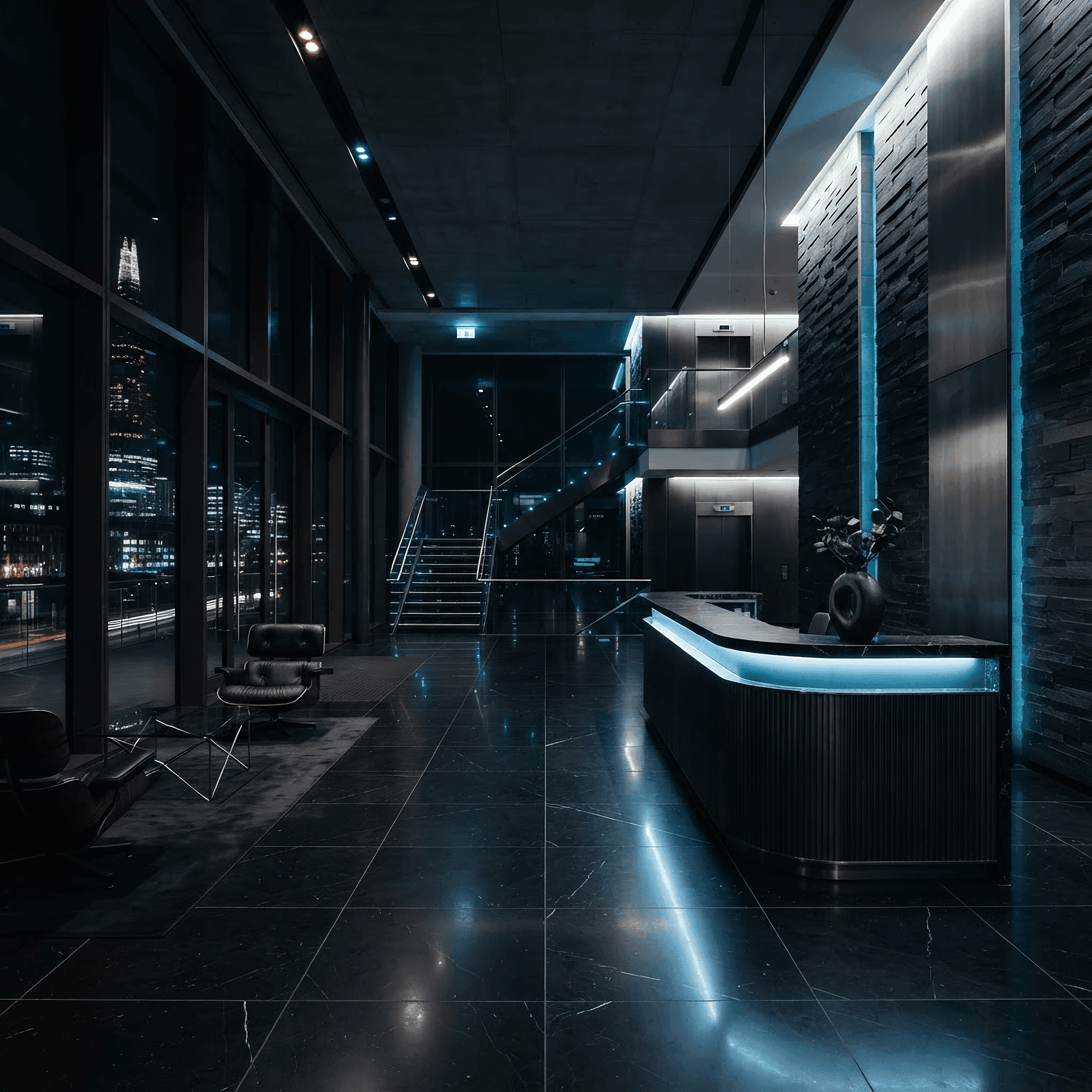Pristine corporate lobby reception at night