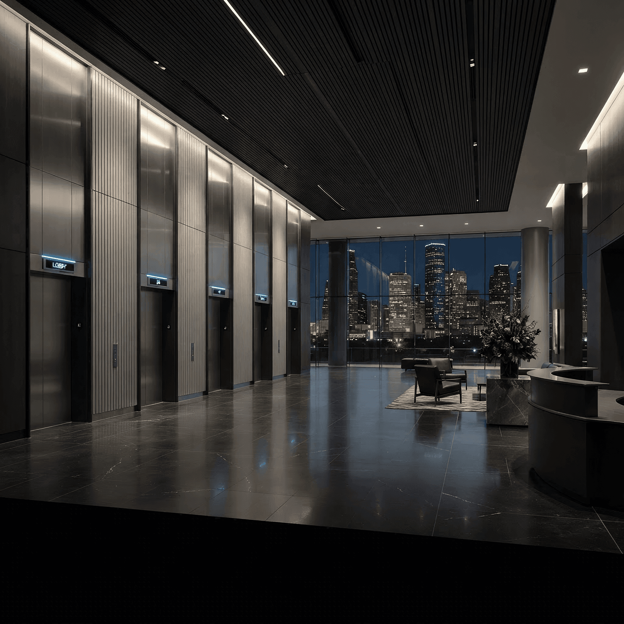 Commercial tower lobby with elevator bank in Houston, Texas