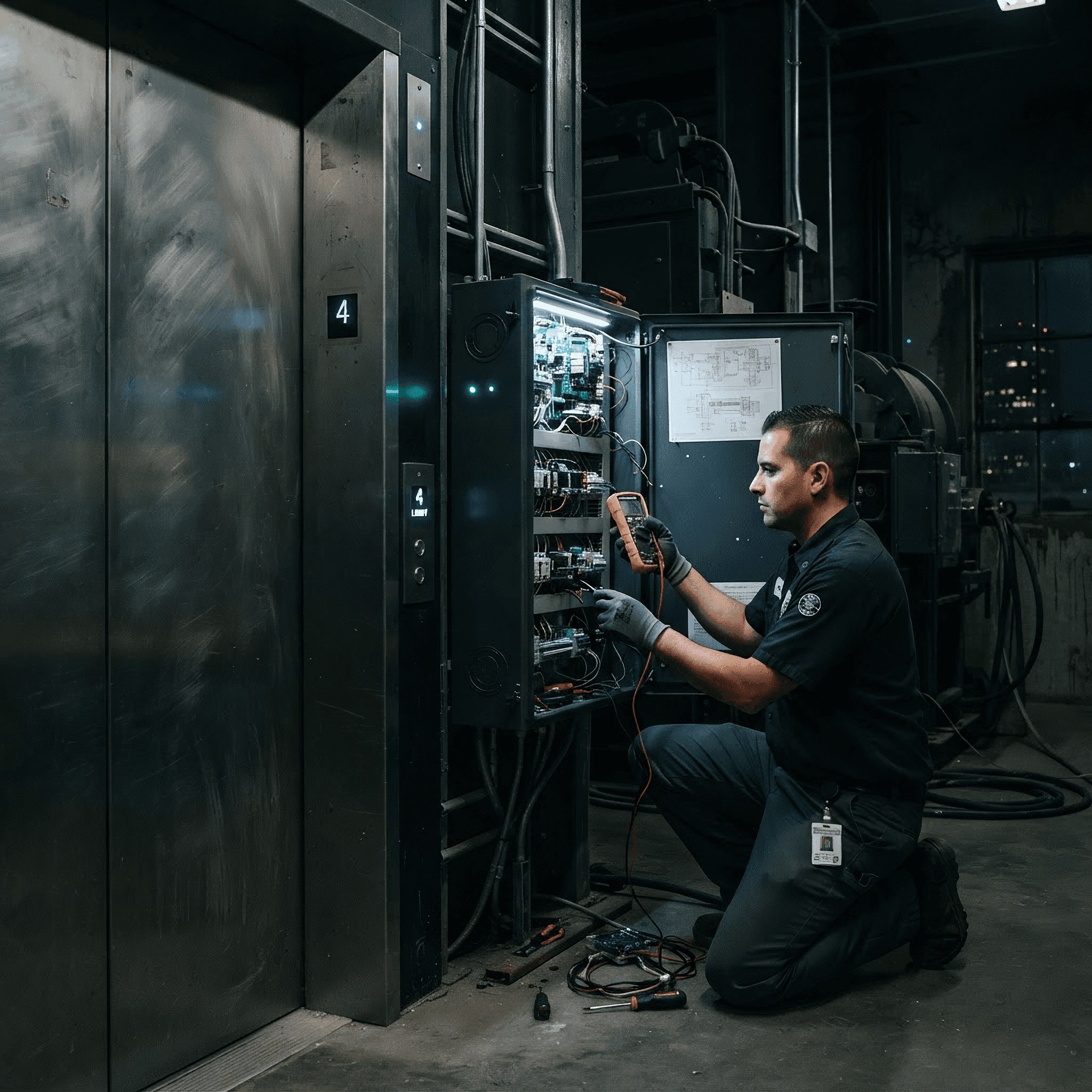 Prime Elevator technician servicing a commercial elevator control system