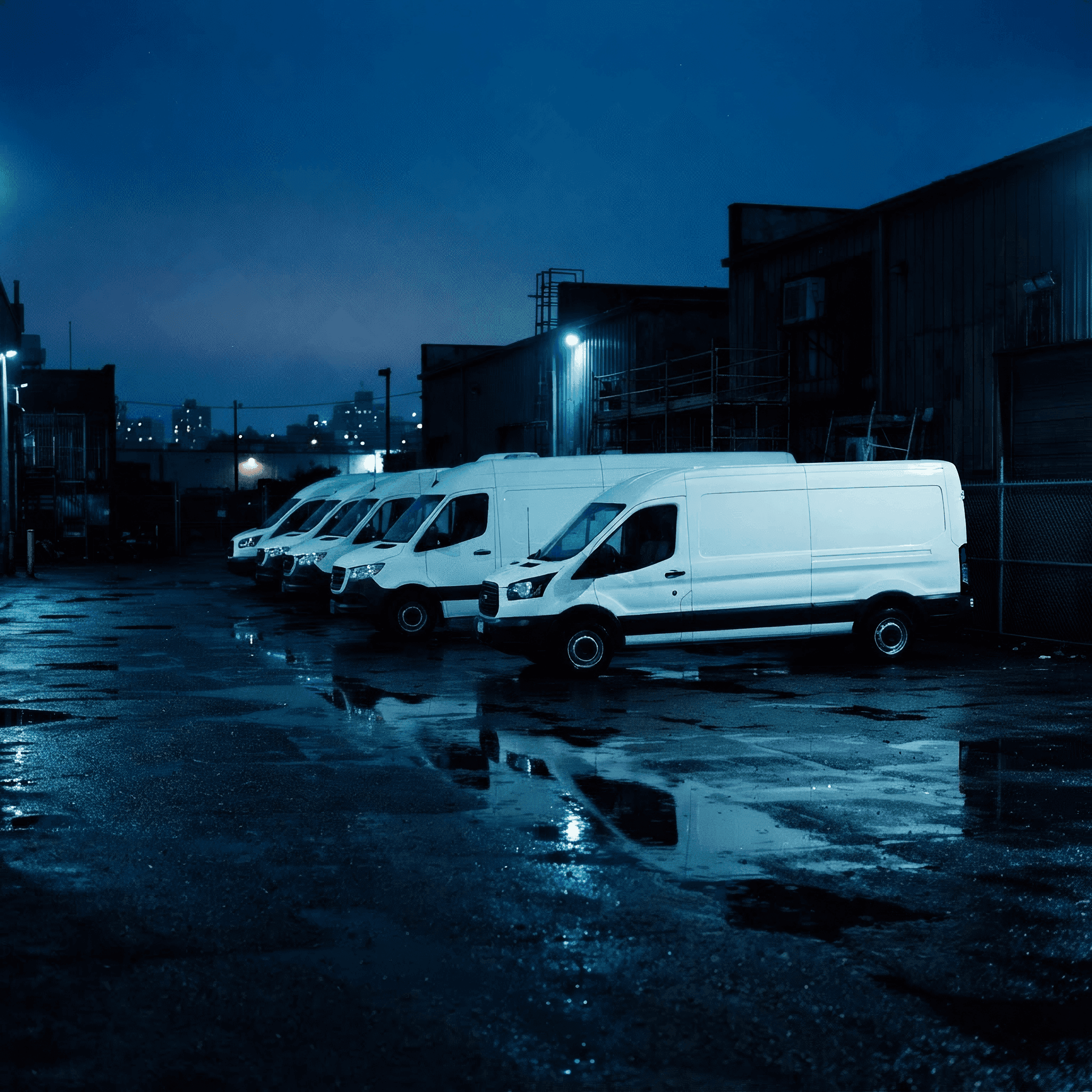 Fleet of commercial service vans staged for dispatch