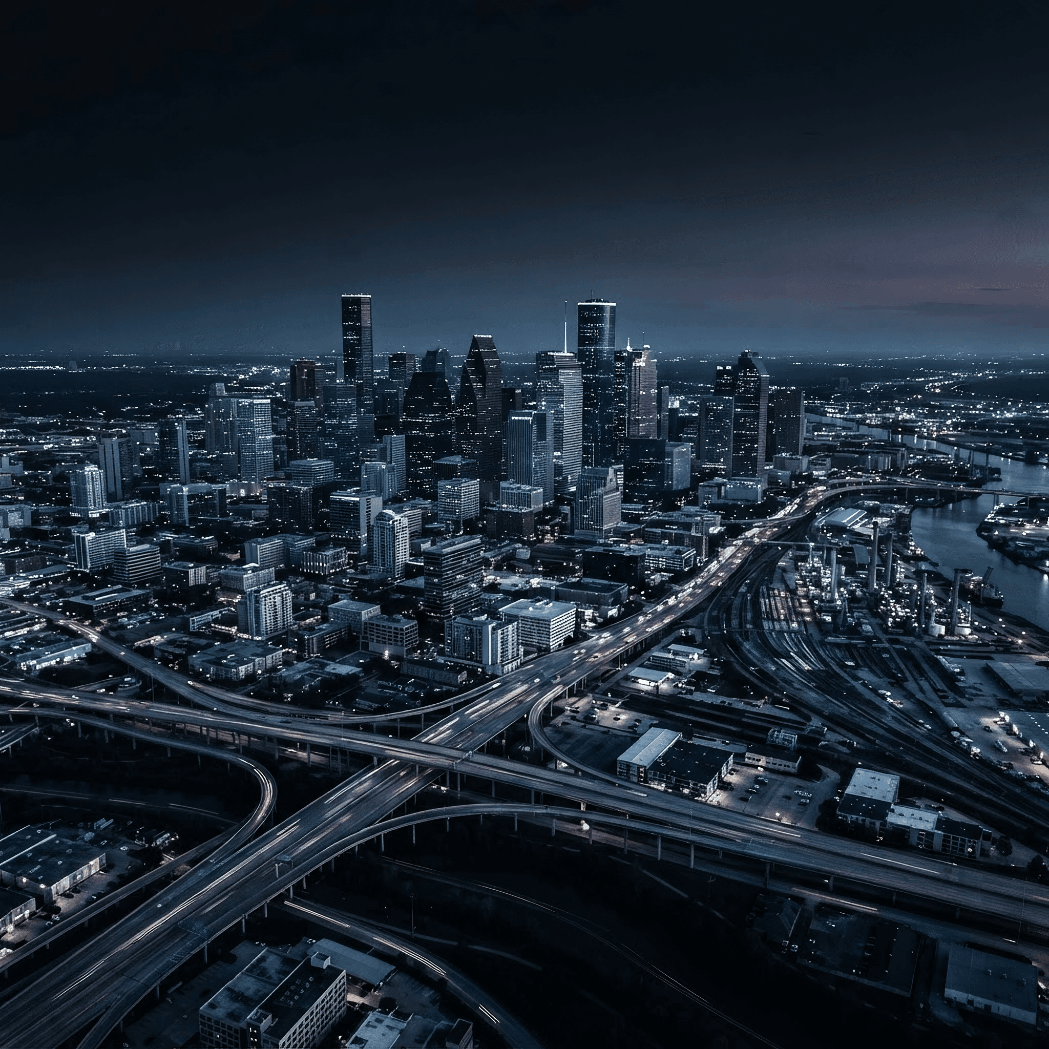 Aerial view of the Houston commercial skyline at dusk